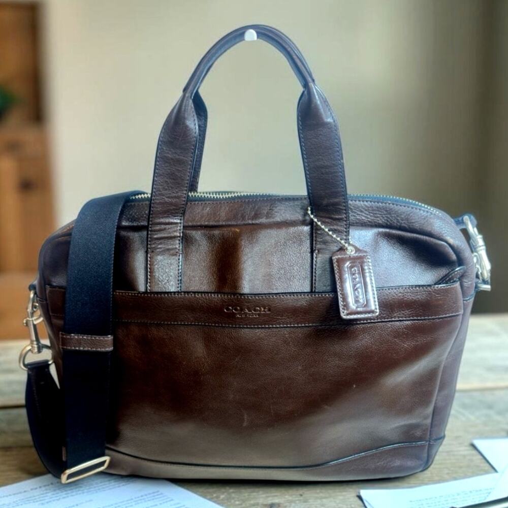Coach Dark Brown Leather Laptop Bag Briefcase Crossbody Strap with Dust Bag